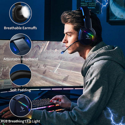 Somic 2.4G Wireless-Gaming-Headset für PS4, PS5, PC mit abnehmbarem Mikrofon und RGB-Regenbogen-LED,