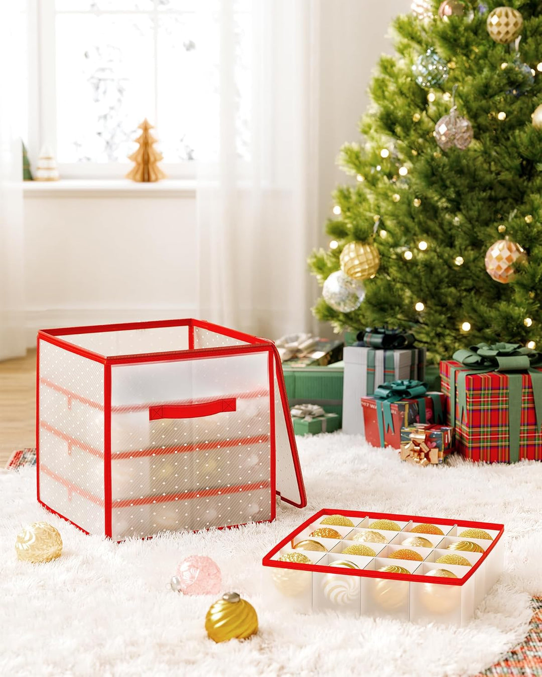 SONGMICS Aufbewahrungsbox für Weihnachtskugeln, Weihnachtskugeln Aufbewahrung, 64 Fächer je 7,6 cm,