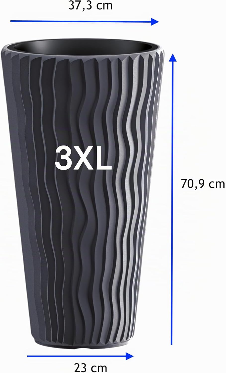 MELTOM Blumentopf mit vertikaler Wellenoptik herausnehmbarem Einsatz Hoch 3D Effekt in Anthrazit 3XL