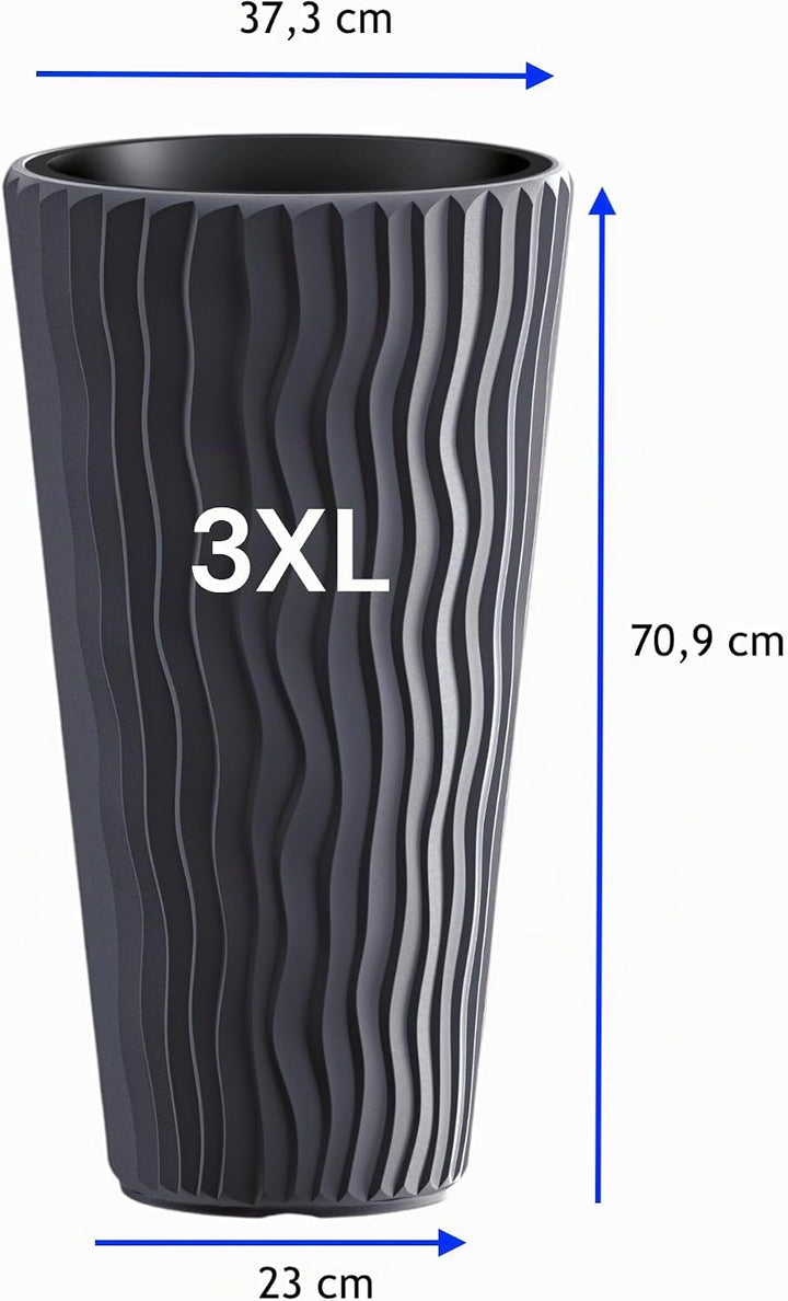 MELTOM Blumentopf mit vertikaler Wellenoptik herausnehmbarem Einsatz Hoch 3D Effekt in Anthrazit 3XL