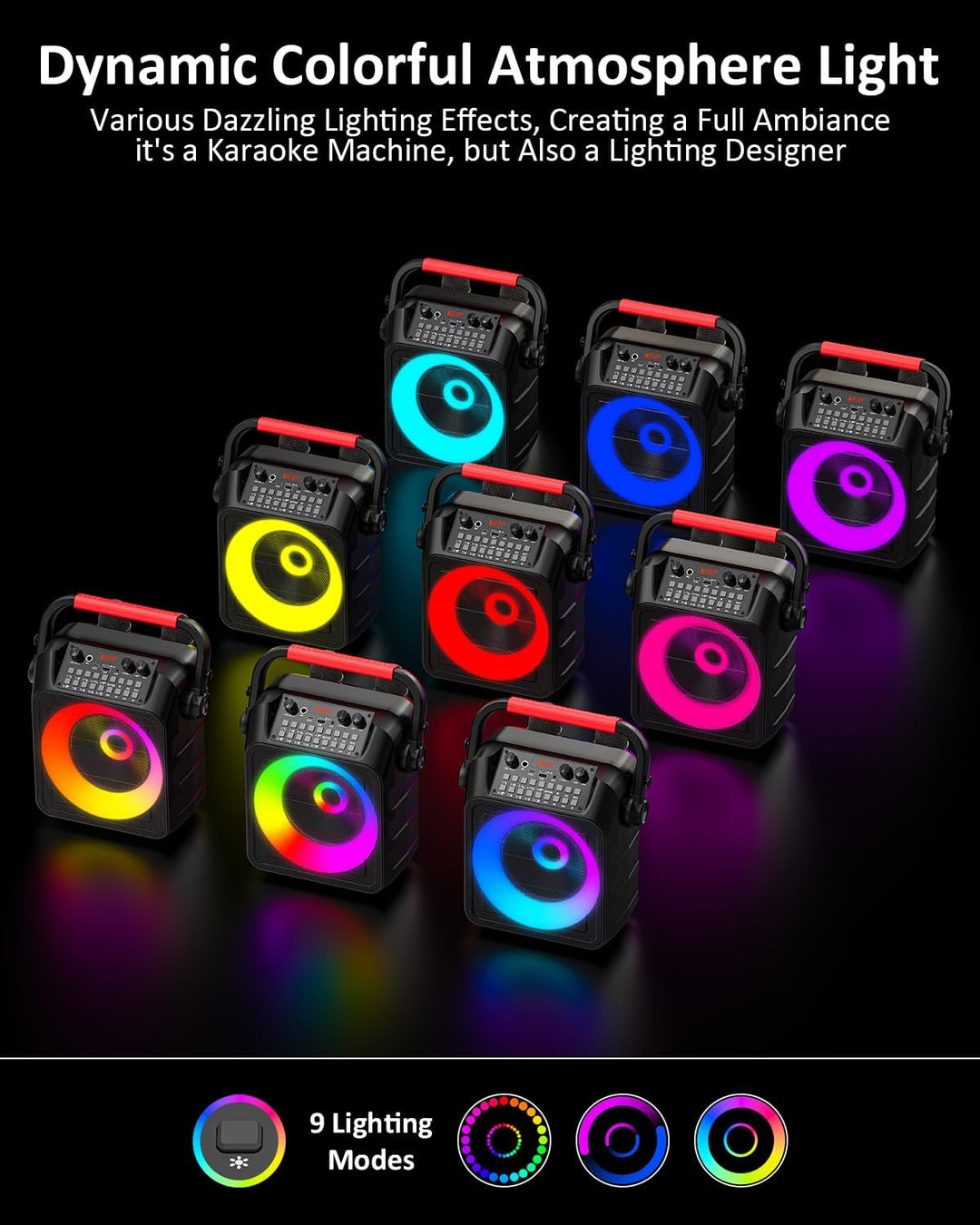 Karaoke Maschine mit 2 Mikrofonen, tragbarer Bluetooth Karaoke Anlage mit LED Lichtern,eignet Sich f