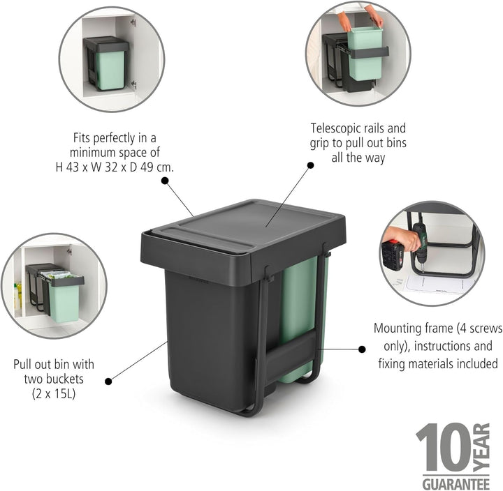 Brabantia Sort &amp; Go Ausziehmülleimer | 2 x 15 l Einbaumülleimer für die Unterschranktür | Integriert