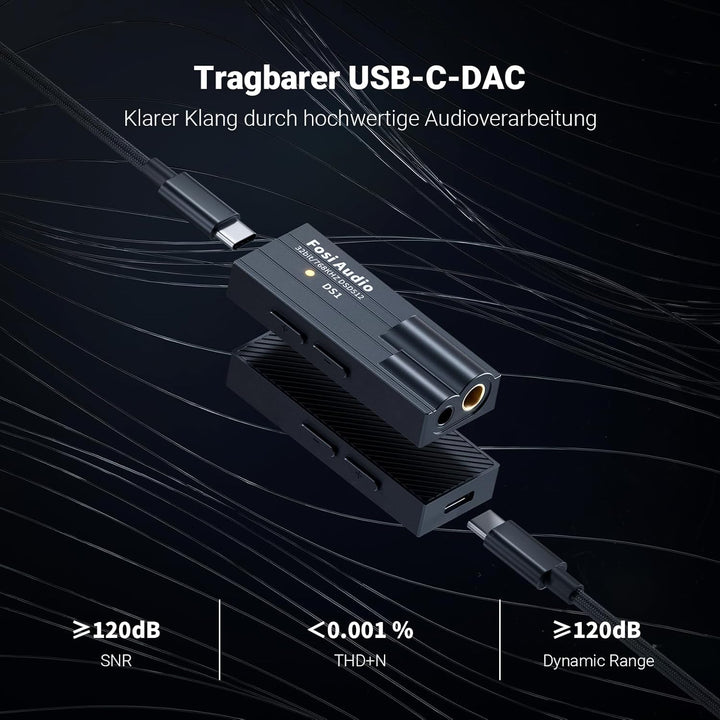 Fosi Audio DS1 Tragbarer DAC Kopfhörerverstärker, Headphone Amp mit ES9038Q2M Chip Unterstützt PCM 3