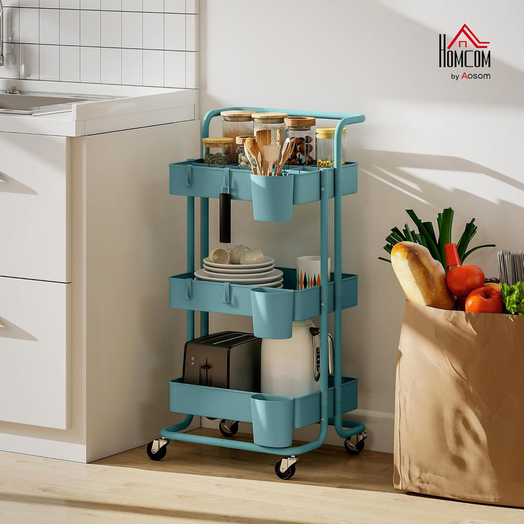HOMCOM 3-stöckiger Rollwagen 42x38x86,5 cm Blau-Grün | Regalboden, 4 Haken, 3 abnehmbare Hängekörbe,