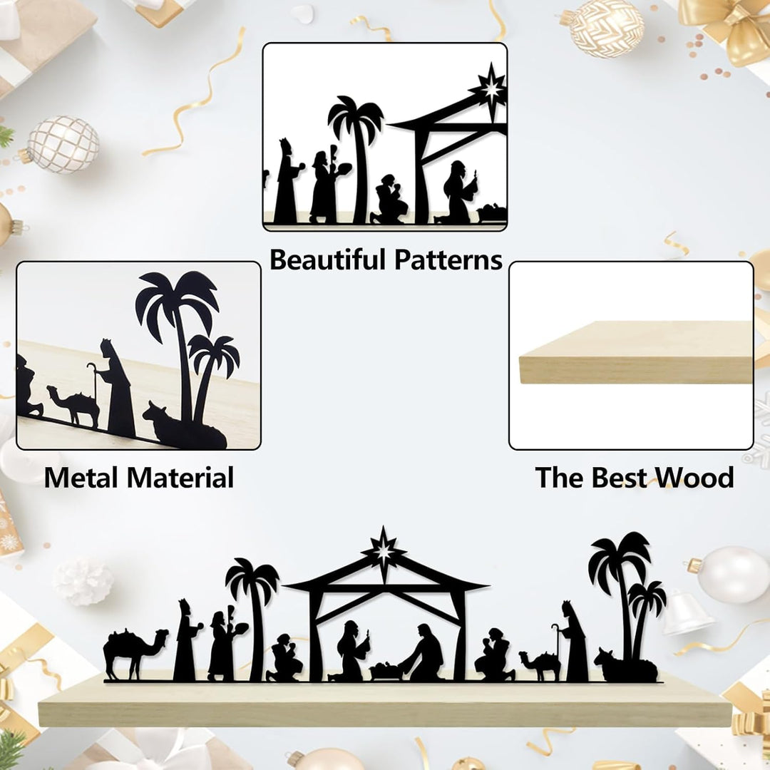 Weihnachtskrippen-Dekoration, schwarze Krippe Weihnachten aus Metall mit Holzsockel, religiöse Winte