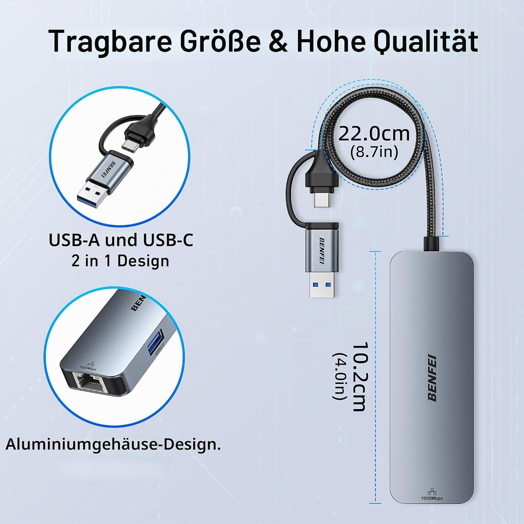 BENFEI USB C Gigabit Ethernet Adapter, 3 Ports Hub 3.0 Mit RJ45 LAN Netzwerkadapter für MacBook Pro/