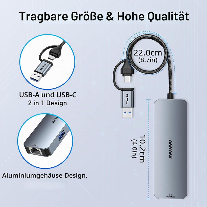 BENFEI USB C Gigabit Ethernet Adapter, 3 Ports Hub 3.0 Mit RJ45 LAN Netzwerkadapter für MacBook Pro/