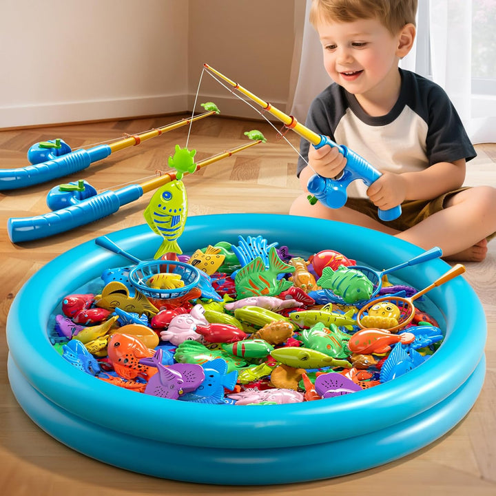 Magnetisches Angelspiel mit aufblasbarem Pool für Kinder 3–8 Jahre | Angelrute &amp; Netz enthalten, Bil