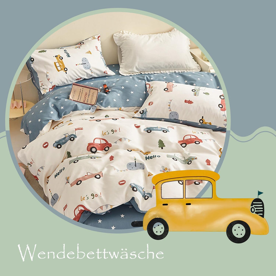 Freyamy Kleinkinder-Bettwäsche-Set 135x200,Cartoon Kinderbettwäsche für Mädchen Jungen,Autos Wendemo