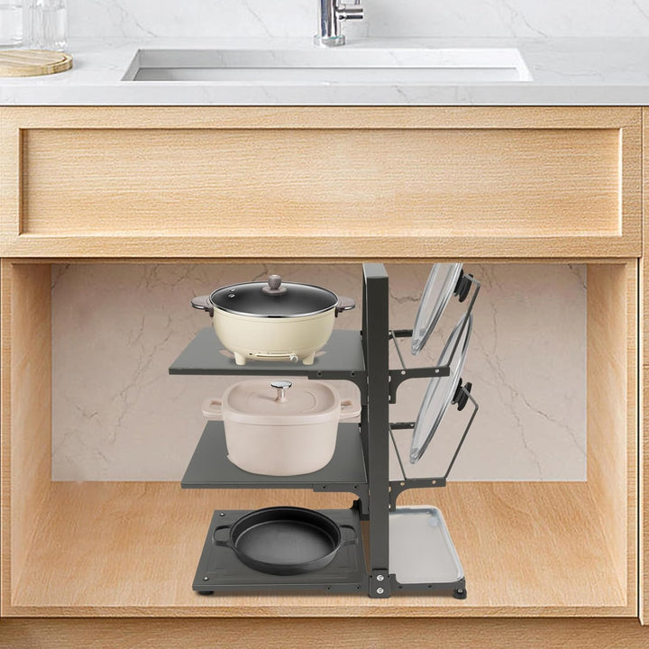 3-stufiger Kochgeschirr-Organizer Topf Organizer Schublade Pfannen 2 Deckelhalter höhenverstellbar 3
