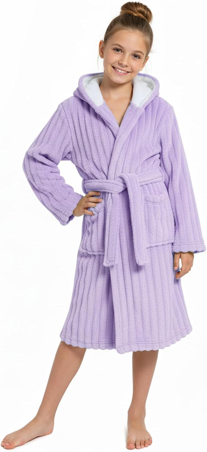 JiAmy Kapuzen Bademantel für Mädchen Flauschiger Fleece Plüsch Langer Schlafmantel Kinder Lila 4-6 J