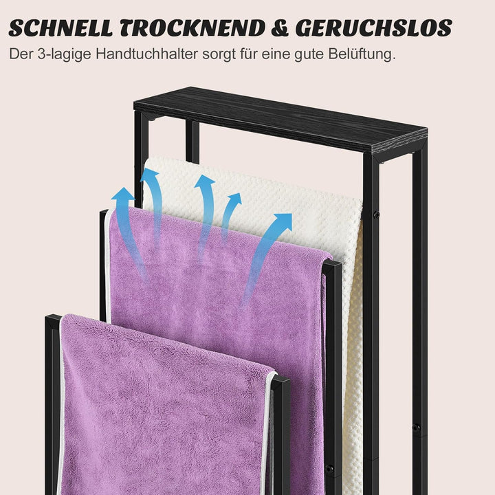 smusei Handtuchhalter Stehend, 3-Stufiger Handtuchständer mit Holz Ablage, Badetuchhalter Edelstahl