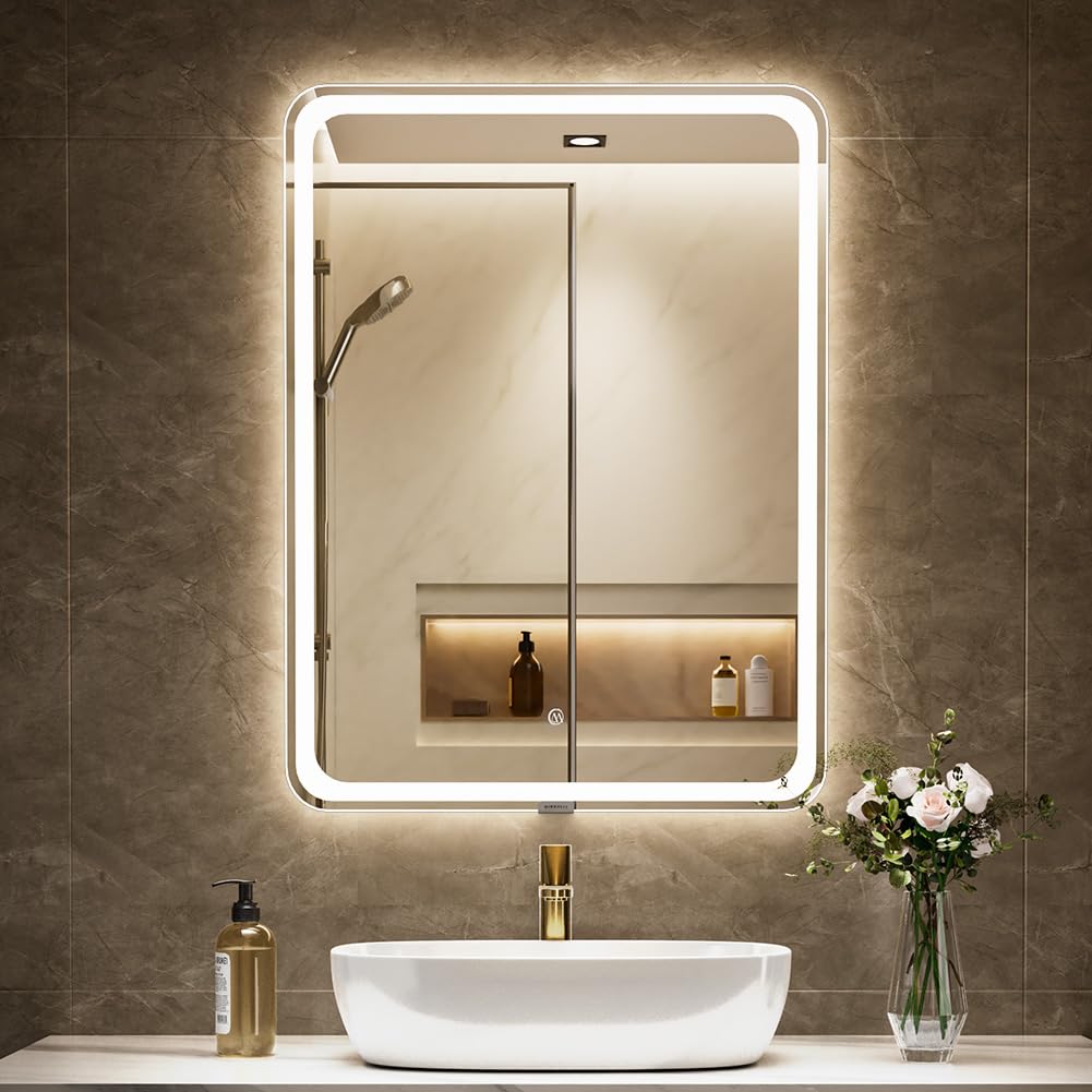 badezimmerspiegel mit Beleuchtung, Sandstrahl-Design led Spiegel Bad, 3 Farbtemperaturen, Dimmbar, E