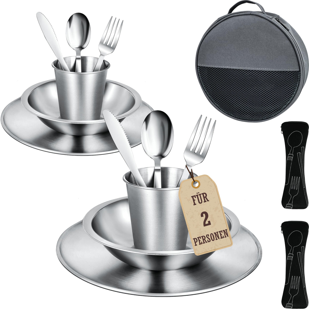 Campingbesteck Set – Camping Geschirr Set mit Edelstahl Besteckset, Teller, Schale und Gläser. Inklu