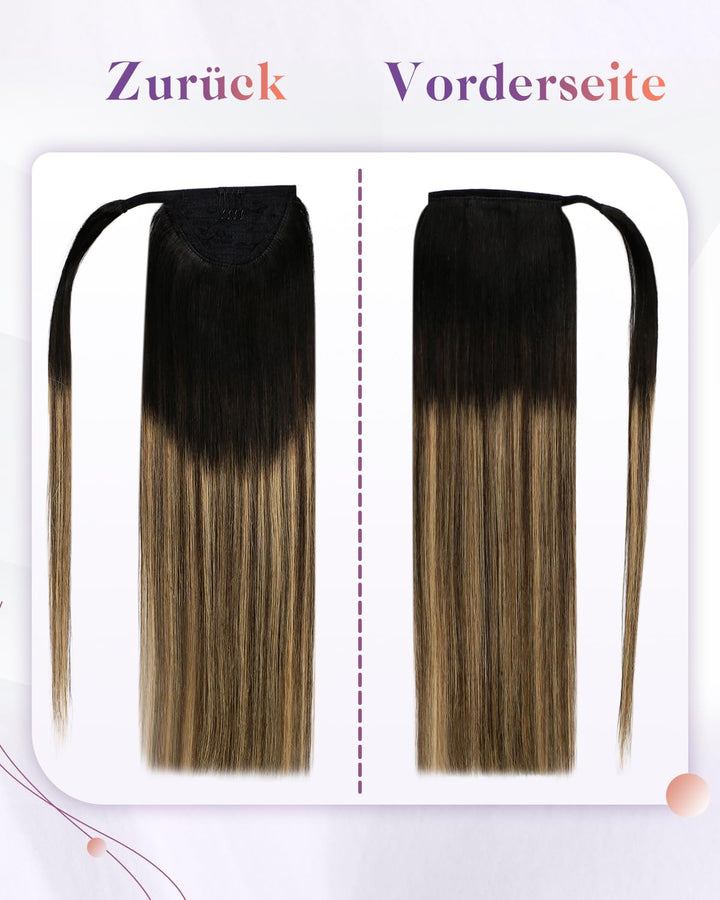 LaaVoo Zopf Extensions Echthaar Balayage Schwarz Extensions Pferdeschwanz Haarteil Echthaar Schwarz