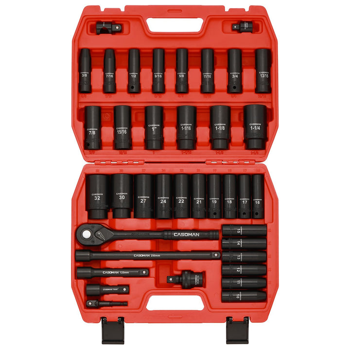 CASOMAN 1/2 Zoll Drive Master Impact Steckschlüssel-Set, 36-teilig tief, Standard SAE (3/8 Zoll bis