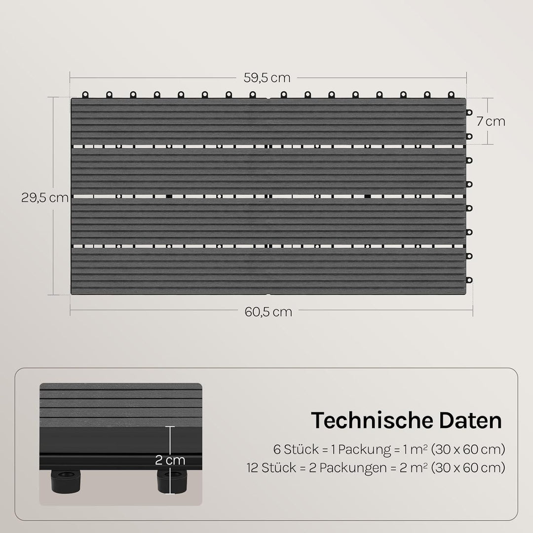 WOLTU WPC Fliese, Terrassenfliesen Holz-Optik, Bodenbelag mit Klicksystem, 30 x 60 cm, Grau (12 Stüc