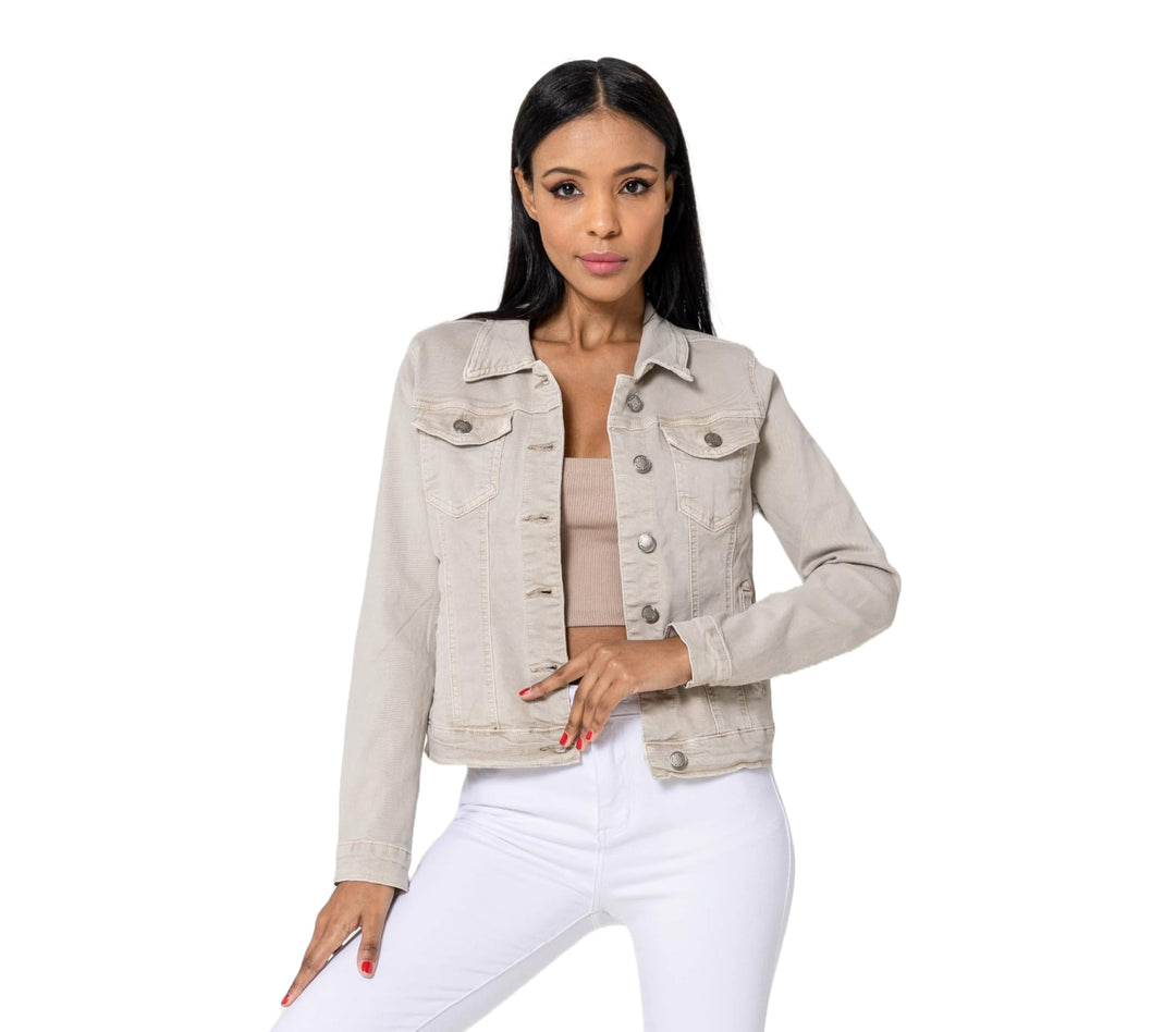 Nina Carter J212 Damen Slim-Fit Jeansjacke – Farbige Übergangsjacke mit Kent-Kragen und Taschen – Fr