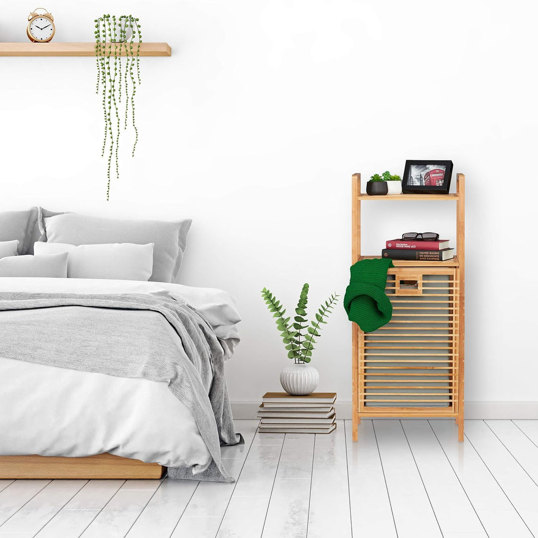 Relaxdays Badregal mit Wäschekorb, herausnehmbare Faltbox aus Stoff, Regal aus Bambus, HBT 95 x 40 x