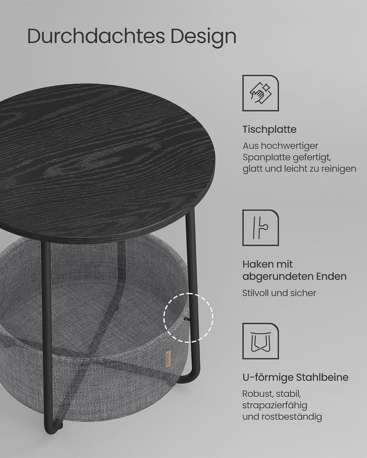 VASAGLE Beistelltisch rund, Kleiner Tisch, Couchtisch klein, Wohnzimmertisch, Korb aus Stoff, Staura