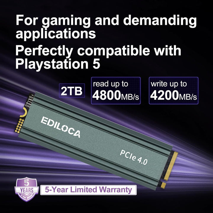 Ediloca EN760 Interne SSD mit Kühlkörper 2 TB PCIe Gen4, NVMe M.2 2280, bis zu 4800 MB/s, 3D NAND TL