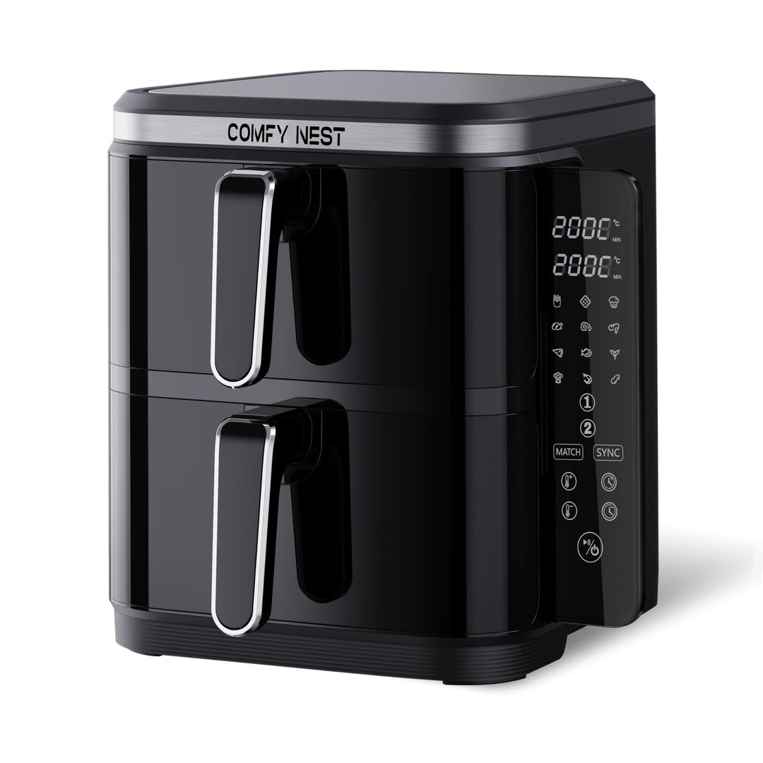 Comfy Nest, 11-Liter-Doppelkorb-Luftfritteuse, Heissluftfritteuse, gleichzeitiges Kochen, digitaler