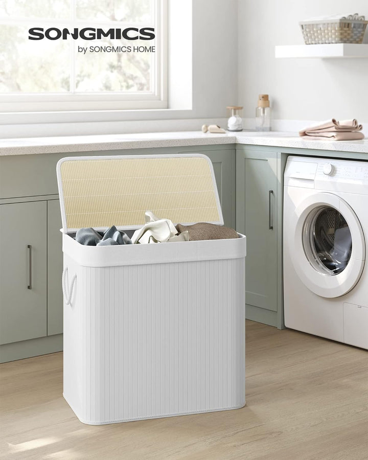 SONGMICS 150L Wäschekorb, Wäschebox mit Deckel, Wäschesortierer, aus Bambus, mit Griffen, 3 Fächern,