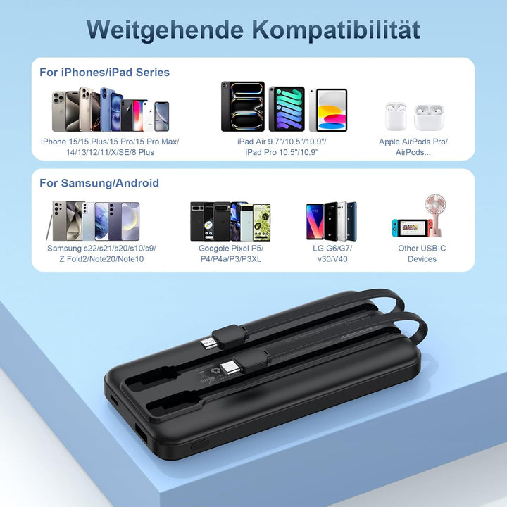 AsperX 2er Powerbank 10000mAh mit USB-C Kabel,4 Ausgängen Schnellladen,Power Bank Klein Aber Stark m