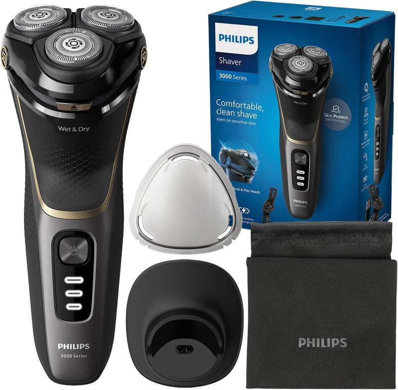 Philips Shaver Series 3000 – Elektrischer Nass- und Trockenrasierer für Männer in Schwarz, mit SkinP