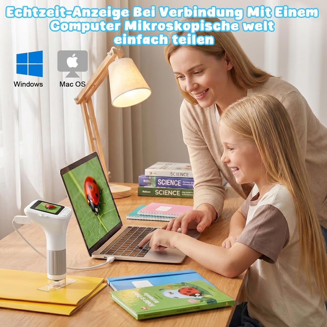 Digitales Mikroskop Kinder 1000x, 3,0-Zoll-Handmikroskop (Weiss) | Tragbares Kindermikroskop mit 8 L