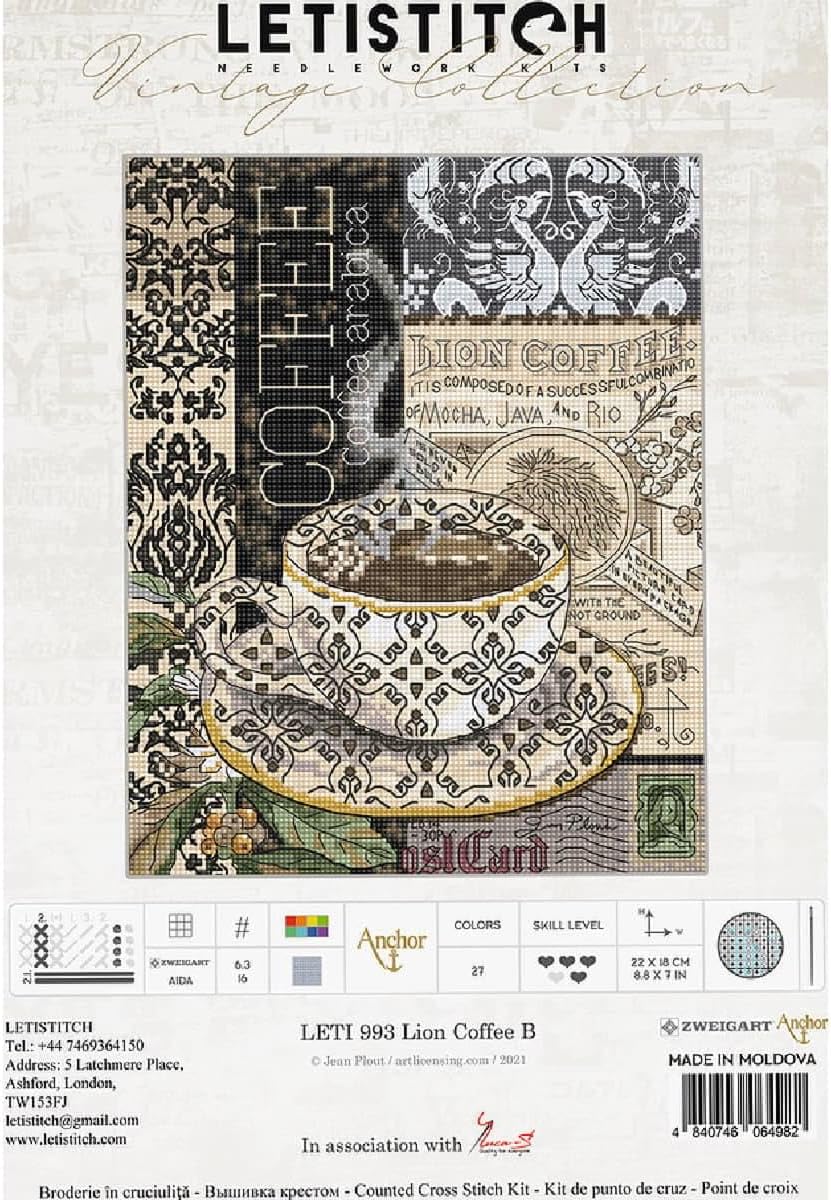 Letistitch Kreuzstich Set Löwenkaffee B Zählmuster, 22x18cm