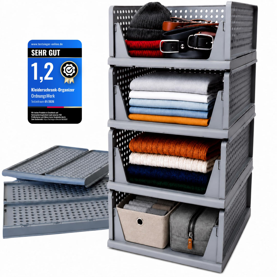 Kleiderschrank Organizer 4er Set – faltbare, stapelbare Aufbewahrungsboxen aus PP Kunststoff für Kle