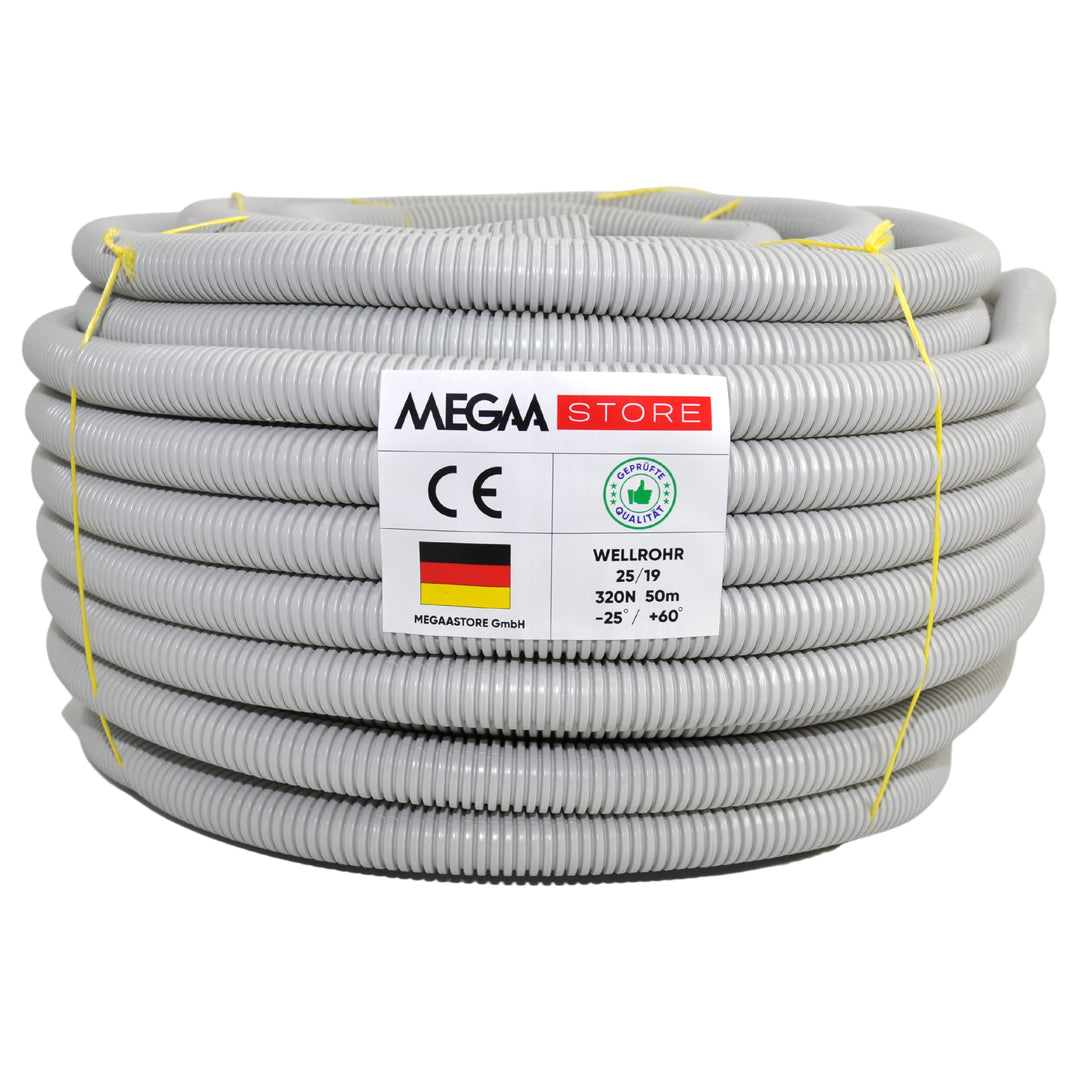 Megaastore Flexibles Leerrohr Wellrohr 320N Grau | Klassifizierung M16 M20 M25 M32 M40 M50 Kabelschu