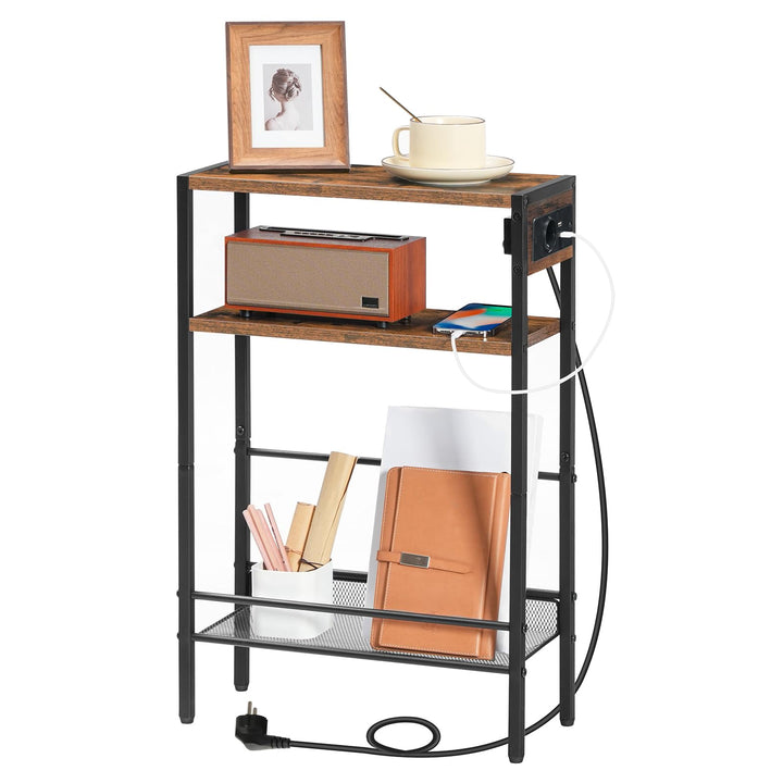 HOOBRO Beistelltisch mit Steckdosenleiste, 3-stufiger schmaler Nachttisch, 1 Standardsteckdose und 2