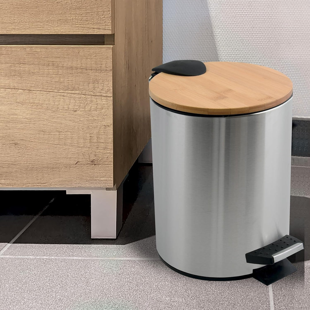Spirella - Treteimer Adonis - Edelstahl und Bambus - Geräuschloser Deckel mit Soft-Close-Funktion -