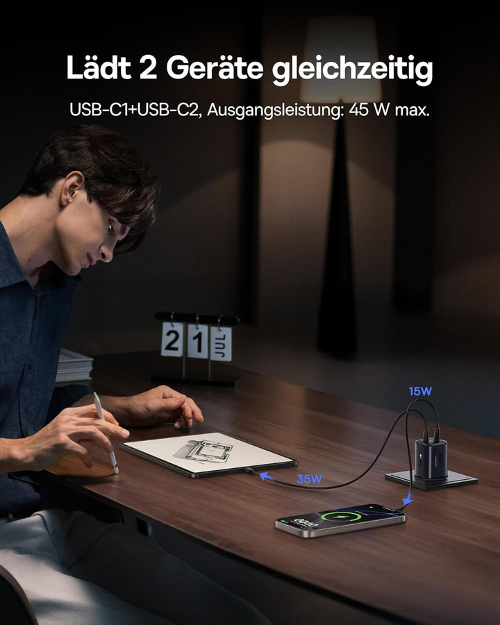Baseus PicoGo II 45W USB C Ladegerät, 2-Port USB C Netzteil PD 3.0 PPS Schnellladegerät Kompatibel m