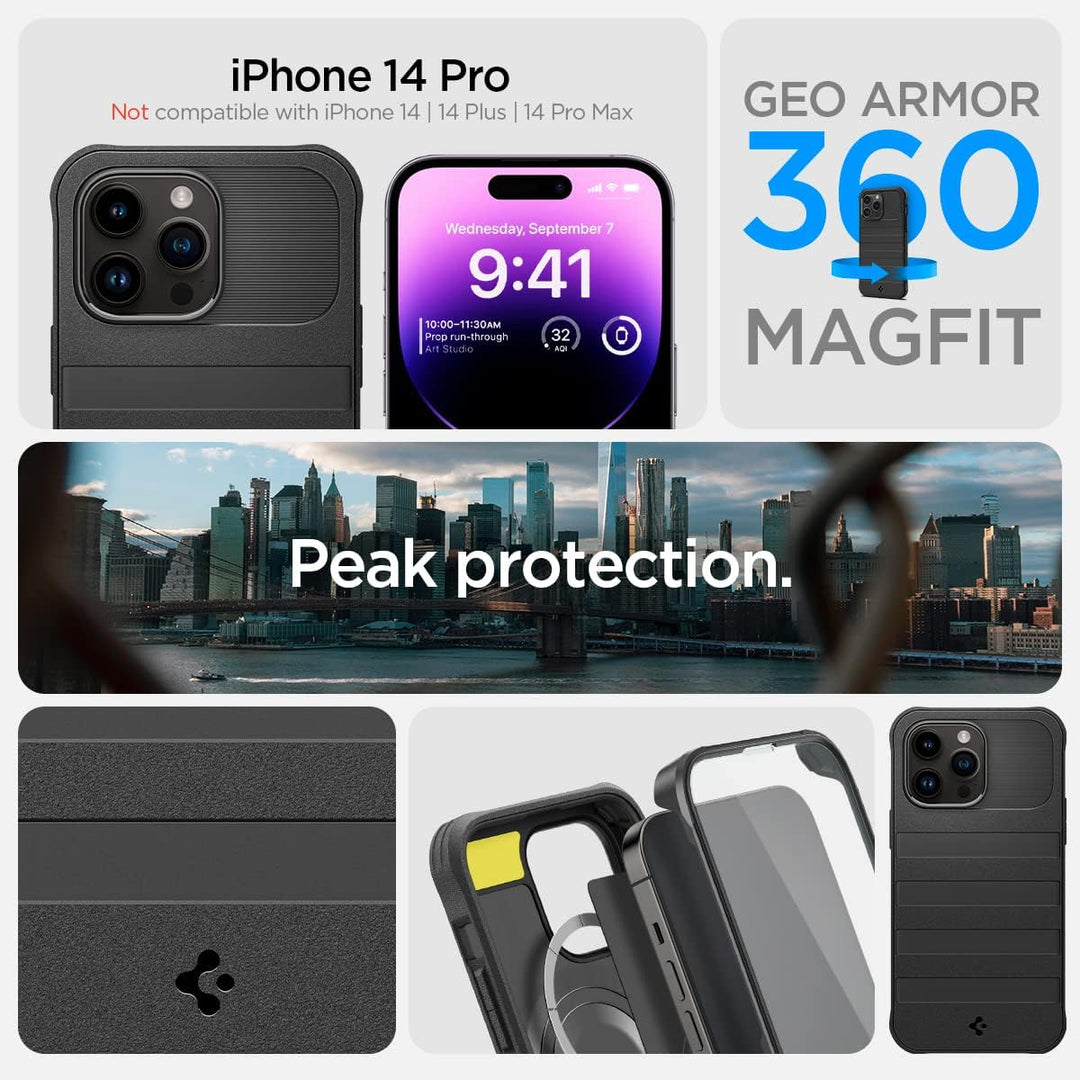 Spigen Geo Armor 360 MagFit Hülle Kompatibel mit iPhone 14 Pro -Schwarz
