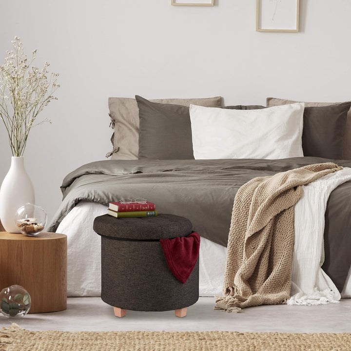 Relaxdays Sitzhocker mit Stauraum, gepolsterter Hocker rund, für Wohnzimmer, Leinen-Optik, H x D: 41