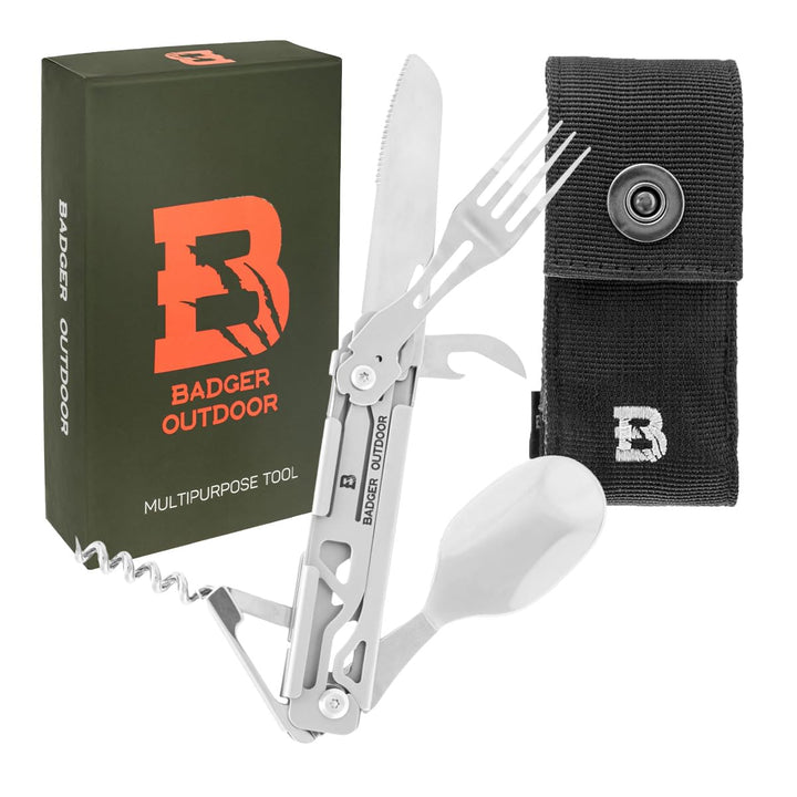 Badger Outdoor Paw 6in1 Multitool - Multifunktionsmesser aus Edelstahl - Camping-Besteck für Wandern