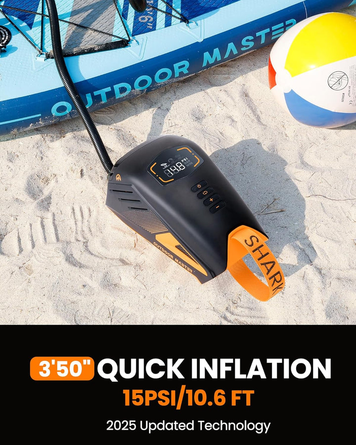 OutdoorMaster Shark 3 SUP Pumpe Elektrisch mit Akku - 3'50" Schnelles Aufpumpen, 20PSI 74Wh Luftpump