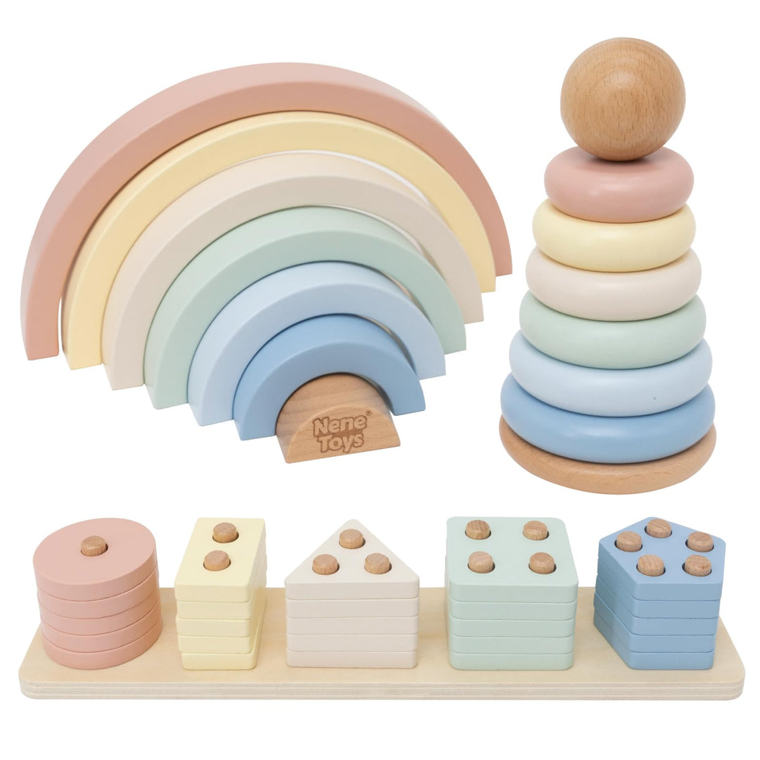 Nene Toys Montessori Holzspielzeug ab 1 Jahr – FSC 3-in-1 Regenbogen, Stapelturm &amp; Sortier-Steckspie