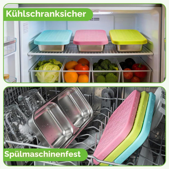 3-Stück Snackbehälter mit Doppelfächern, Edelstahl Lebensmittelbehälter, 20,3x10,9x4,1cm, Auslaufsic