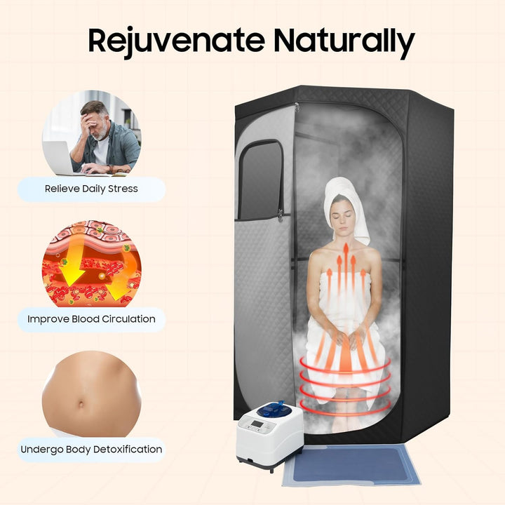 Dampfsauna Set | 5-eckiges Zelt 180 cm hoch | 1350W Dampfer mit 9 Heizstufen | Inkl. Klappstuhl &amp; Ma