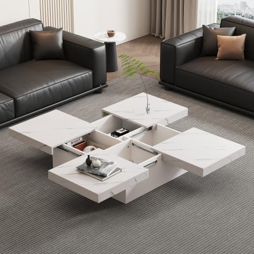 Merax Couchtisch 90x90 cm – Weisser Sofatisch mit eleganter Marmor-Optik und 4 Schubladen, Schiebbar