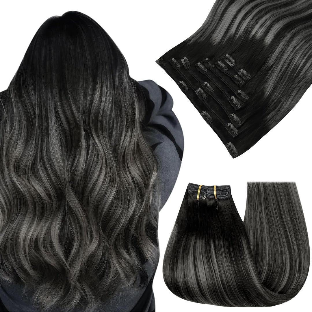 Easyouth Clip on Extensions Echthaar Remy Echthaar Clip in Extensions Farbe Off Black Mix Silber und