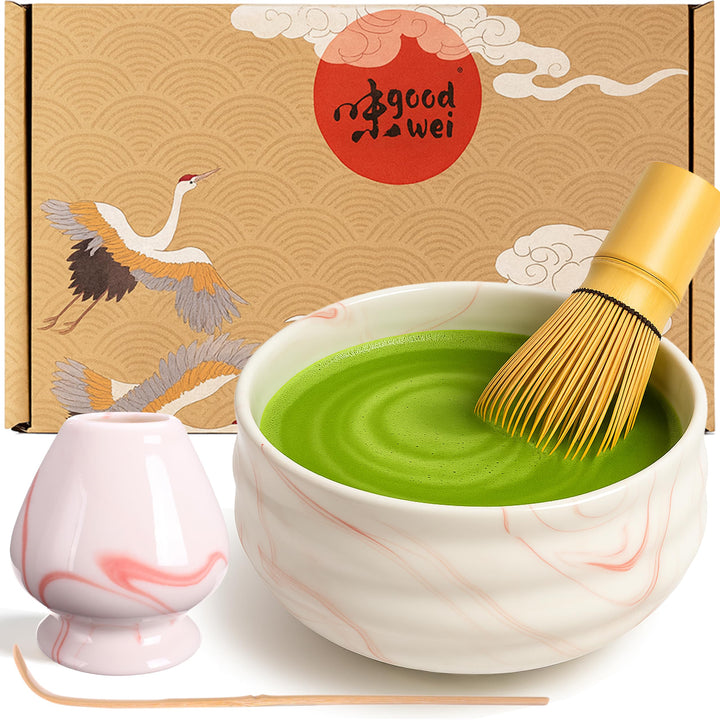 Goodwei Matcha Set komplett mit Matchabesen, Matcha Löffel und Matcha Schale aus Keramik mit Besenha