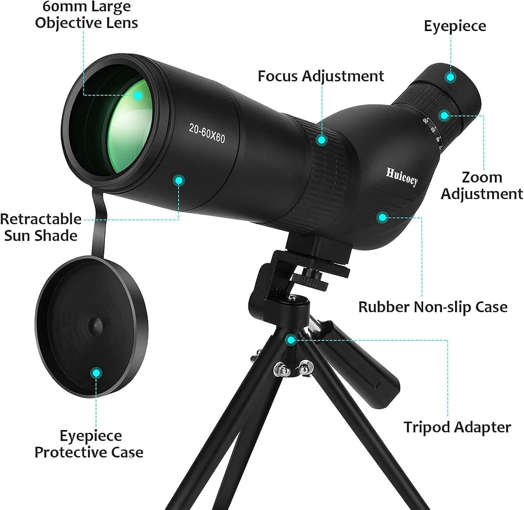 HUICOCY Spektive 20–60 x 60 mm Zoom 39–19 m/1000 m mit FMC-Objektiv, BAK4 45 Grad abgewinkeltes Okul