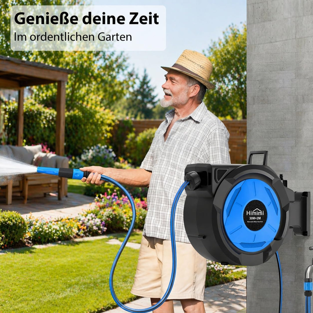Himimi Ausziehbare Wand-Schlauchtrommel 30 m + 2 m 1/2 Zoll, automatischer Gartenschlauch mit langsa