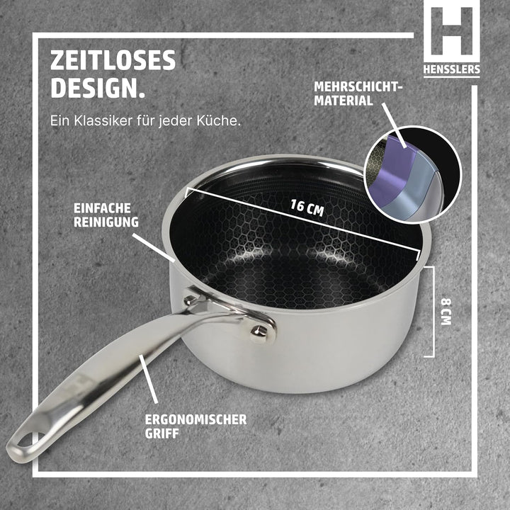 HENSSLERS® Stielkasserolle 16cm [ALLE HERDARTEN] - Saucepan aus Edelstahl - Stieltopf mit innovative