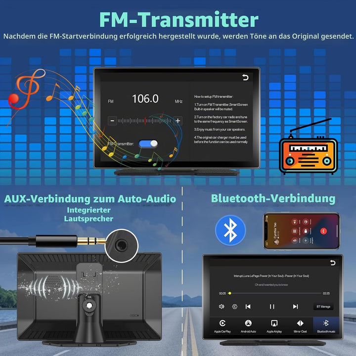 Podofo Wireless CarPlay Android Auto Tragbares Autoradio 9 Zoll IPS Touchscreen Autoradio Kabelloses